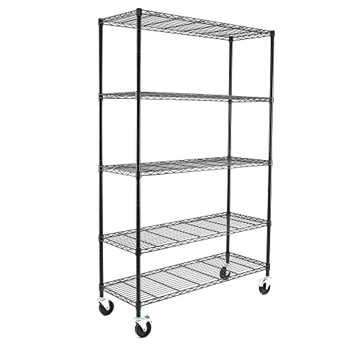 Efine 5-Tier Nsf Certified Storage Shelves, Heavy Duty Steel Wire Shelving Unit With Wheels And Adjustable Feet, Used As Pantry Shelf, Garage Or Bakers Rack Kitchen Shelving - (18"X48"X72" Black) #TOP17
