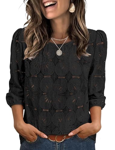 Sampeel 3-4 Length Sleeve Womens Tops Dressy Casual Blouses for Ladies Work Business Casual Outfits Summer Tops 2026 Lace Fashion Clothing Date Black M