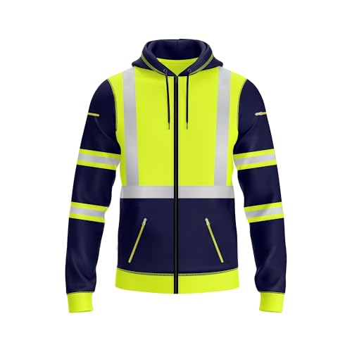 NOROZE Herren Kapuzenpullover mit Reißverschluss vorne reflektierend hohe Sichtbarkeit Sicherheitsmantel Taschen Sweatshirt Jacke (L, Stil 3: Neongrün/Marine)