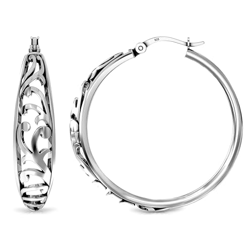 Image of TRUESILVER ACPL 925 Sterling Silver BIS Hallmarked Filigree Hoop Earrings for Women & Girls | Lightweight Designer Oval /Round Hoops | Everyday Wear | Gift for Her
