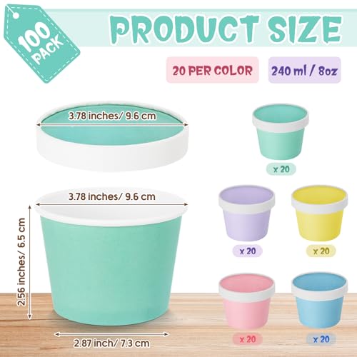 Image of Fulmoon 8 oz 100 Pack Paper Containers with Lids Soup Bowl Cup, Multi Color | Disposable Ice Cream Cup, Kraft Food Containers with Vented Lid Stackable for Hot Soup Dessert Cake Fruit Microwave Takeout