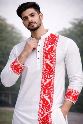 Image of Men's Cotton Jamdani Kurta for Festive, Casual Wear | Traditional Bengali Style Long Kurta | S to XL Size | White, Yellow, Blue Color Options