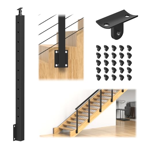Image of 36 inch Side Mount Stair Railing Post, Stainless Steel Right Side 25~35 Stair Post w /Cable Grommets, Space-Saving Fascia Mount Deck Stair Railing System, 1 /8 inch Black Cable Railing Kit, RG73
