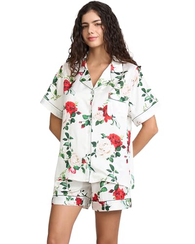 Image of YiNi LuLu Womens Silk Satin Shorts Pajamas Set Button Down 2 Piece Pjs Short Sleeve Oversized Sleepwear with Pockets
