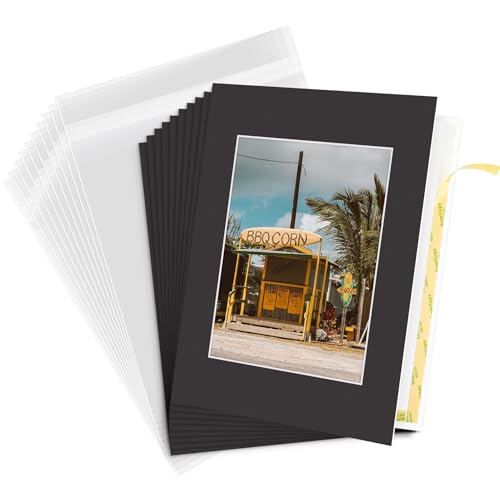 Golden State Art, 10 Pack Pre-Assemble 11x14 Photo Mat Set For 8x10 Picture, With Backing Board, Pre-Pasted tape, Slip-in Mat, Photo Framing Mattes, Incudes Ctrystal Sleeve Bags (Black)