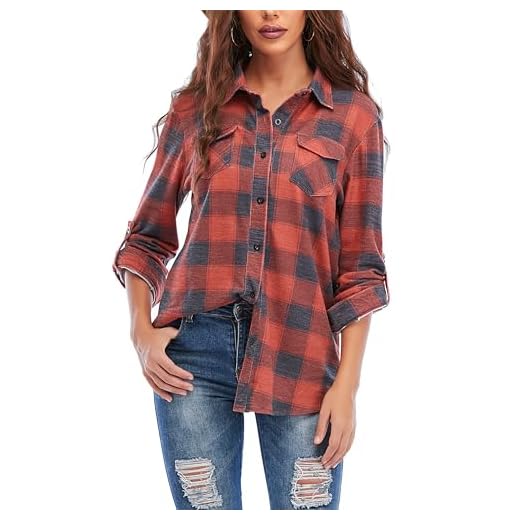 Timuspo Damen Kariertes Hemd mit Knopfleiste Langarm Oktoberfest Bluse Karo Tunika Baumwolle Tops Casual V-Ausschnitt Oberteile