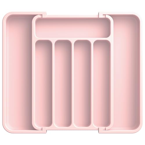 Aujen Silverware Organizer - Expandable Kitchen Drawer Organizer, Adjustable Utensil Organizer, Cutlery Tray for Forks, Knives, Multipurpose Kitchen Organizers and Storage Solution, Pink, Medium