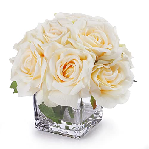 Enova Floral Rose Artificial Flowers In Vase, Small Faux Flowers Arrangements In Vase With Faux Water For Wedding, Dining Table (Peach) #TOP10