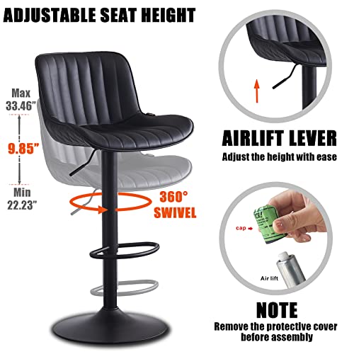 Younike Bar Stools Set Of 2 Adjustable Swivel Barstools Pu Leather Counter Stools Cushioned High Backrest, Black, 3-5 Mins To Assemble, Loads 300Lbs #TOP5