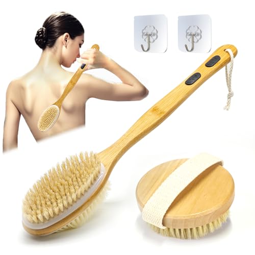 YUNYU Wet & Dry Brushing Body Brush Set, 2pcs Long Handle Back Scrubber & Round Head Dry Brush, Double-Sided for Exfoliation, Dead Skin Removal, Blood Circulation, for Men & Women