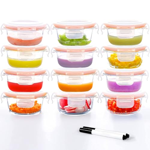 Image of Luvan 7oz Glass Baby Food Containers, 12 Pack with Leakproof Lids, Stackable, Freezer Safe, Baby Bullet Containers for Fruit Purees and Vegetable Mashes
