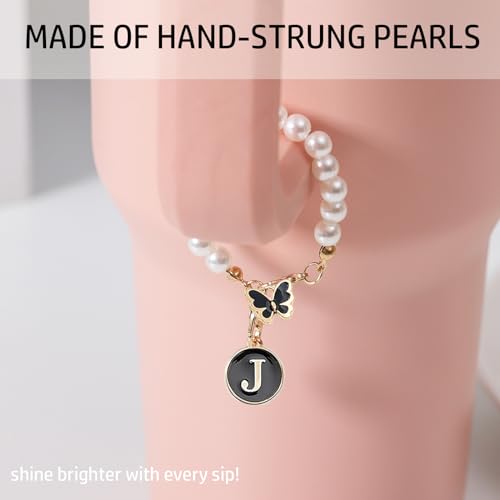Image of Letter Charm for Stanley Cup,Pearl Chain Accessories Stanley Cup Initial Charms for Handle Stuff Decor Water Bottle Jewelry Tumbler Cute Personalized Name ID Decorations Black Tag (J)