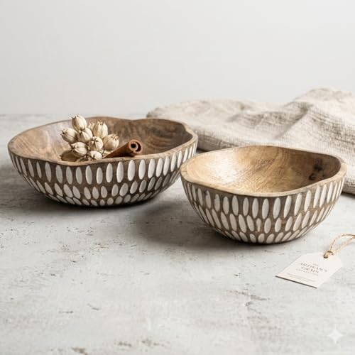 Image of POSHIO Wooden Bowls for Serving Fruit Salad, Set of 2 | Serving Wooden Bowls with Food Grade Coatings | Stylish Irregular Shaped Handcrafted Bowls for Table Decor
