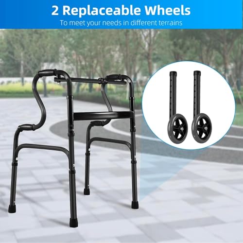 Aluminum Foldable Walker for Seniors - 7-Height Adjustable with 2 Wheels, Stepped Handrail Assisted, Stable Stand Up, Fixed & Flexible Modes, Black