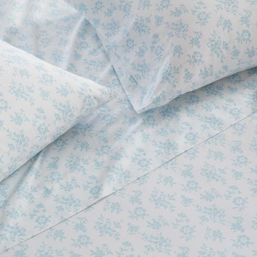 Image of Martha Stewart - Twin Size Sheets Set, Crisp & Tailored Cooling Sheets w /a Naturally Smooth Cotton Percale Lightweight Feel - Bed Sheets with Matching Pillowcase & Fitted Sheet (Floral Blue)