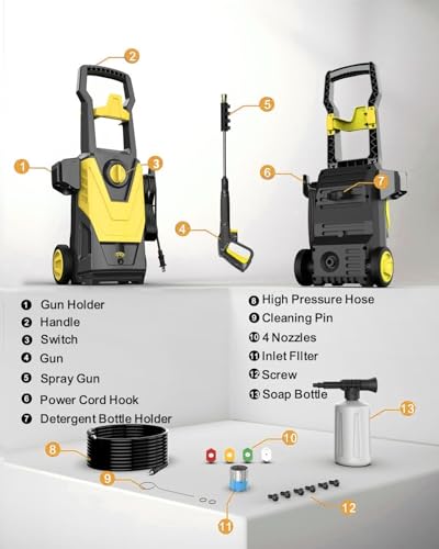 AgiiMan Electric Pressure Washer, 4800PSI Max 3.2GPM Power Washer Electric Powered with 20FT Hose, 4 Nozzles, Foam Cannon, High Pressure Cleaner Machine for Cars, Patios, Driveways, Fences, Yellow - Thumbnail 6