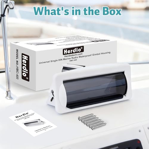 Image of Herdio Water-Resistant Marine Stereo Cover - Heavy-Duty Smoke-Colored Boat Radio Protector with Flip-Up Door, Spring-Activated Release, and Included Mounting Gasket（White）