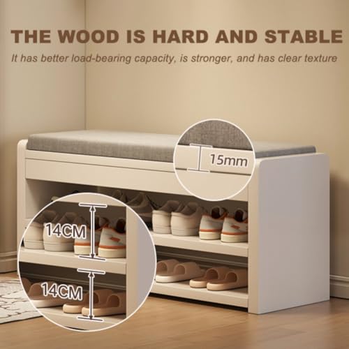 Panca da ingresso in legno con seduta imbottita e scarpiera, elegante mobile Halay per camera da letto e soggiorno, soluzione di archiviazione bianca