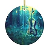 WHJSHOP Colgante redondo de cerámica con diseño de árbol de Navidad con estampado de violonchelo en agua, 7,4 cm, exquisito y duradero