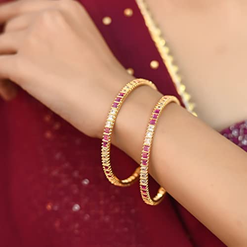 Image of Ratnavali jewels Beautiful CZ Studded Gold Plated Traditional Red Ruby and White Bangles Set for Women RV791