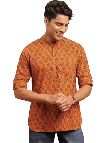 Image of DEELMO Men's Cotton Blend Printed Long Sleeve Short Kurta | Stylish Casual & Ethnic Wear | Comfortable Mandarin Collar Kurta for Daily, Festive & Party Outfits