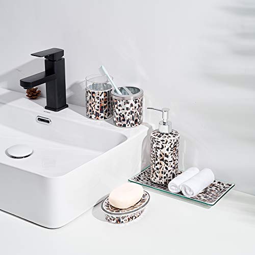 KMWARES Decorative Mosaic Glass Bathroom Accessories Set 5PCs - Includes Hande Soap Dispenser & Tumbler & Soap Holder Tray & Toothbrush Holder & Vanity Tray - Leopard Pattern