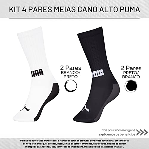 Kit 04 Pares de Meias Puma Cano Longo Esportiva Algodão Masculino Adulto | 2 Branco/Preto - 2 Preto/