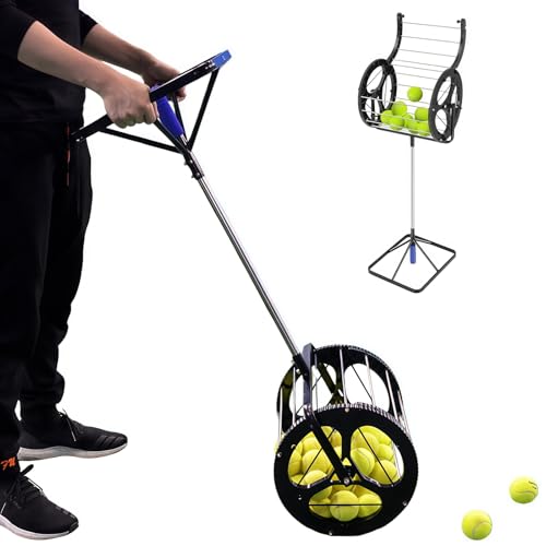 WINNIESHOP Tennis Ball Collector Roller 2-in-1 Tennis Ball Picker Upper with Handle Telescopic Tennis Ball Hopper Rolling Pickleball Caddy, 80 Tennis Balls, No Bending Over
