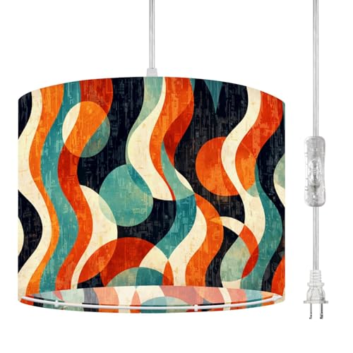 Plug In Pendant Light Abstract Wavy Stripes Circles Retro Mid Century Modern Color Palette Hanging Lamp with Clear Cord Fabric Shade Dimmable Switch for Bedroom Kitchen Living Room Light Fixtures
