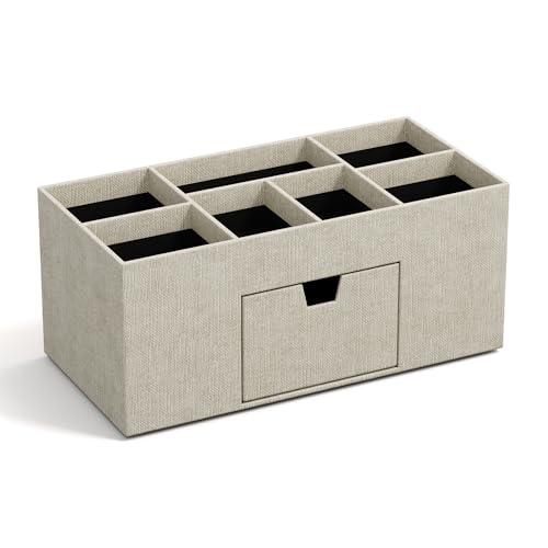 BIGSO VENDELA Schreibtisch Organizer mit 7 Fächern und Schublade – Ablagebox aus Faserplatte und Papier in Leinenoptik – Schreibtischset für Büromaterial – beige