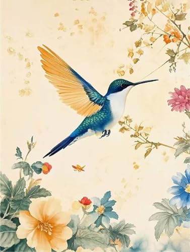 Diamond painting fleurs et oiseaux pour adulte, canevas complet 50x70cm