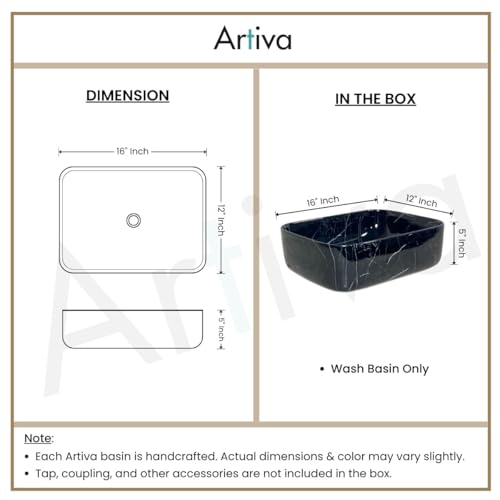 Image of Artiva Ceramic Wash Basin /Tabletop Washbasin For Bathroom,12 inchx16 inch /Small Countetop Bathroom Basin /Table Top Basin For Home,Office,Hotel /Rectangle Glossy Sink (Lina Black,12x16 Inch)