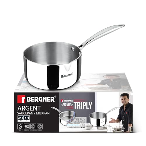 Image of Bergner Argent 14cm Triply Milkpan /Saucepan /Small Teapan, Stay Cool Cast Handle, Food Safe, Durable, Healthy Cooking, Faster and Even Heat Distribution - Induction and Gas Stove Ready