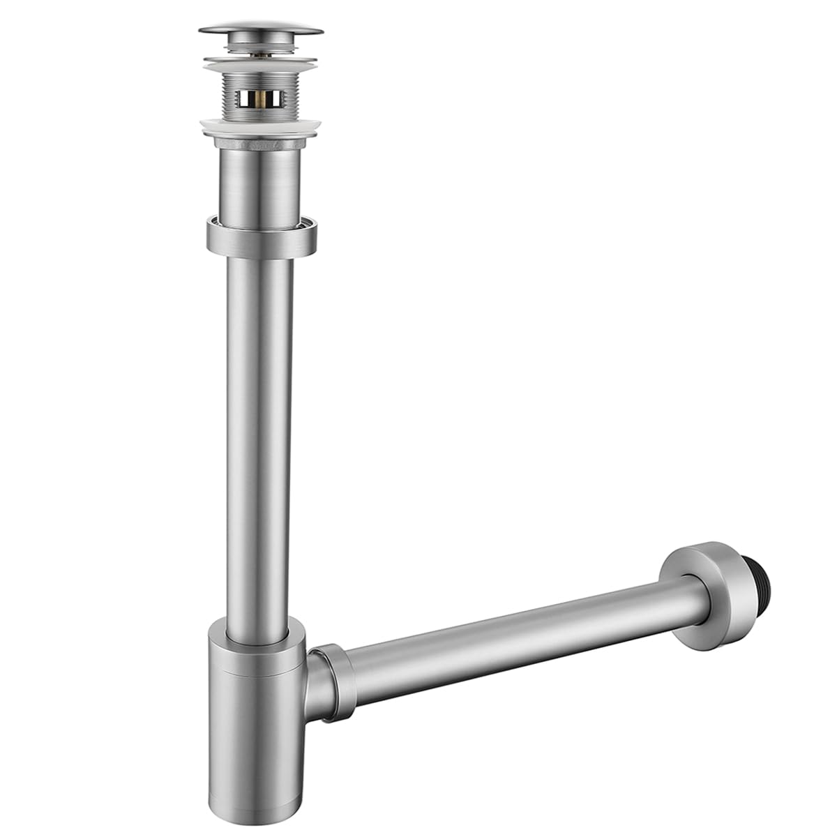 Brass Round Bottle P-Trap with Pop Up Drain Stopper with Overflow,1 1/4 Adjustable Basin Sink Waste Drain Trap Kit,Brushed Nickel P Trap