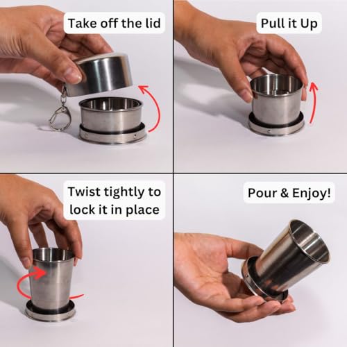 Image of Bare necessities Collapsible Travel Mug | Portable Glass for Drinking Tea, Coffee, Milk, Juice | Expandable Food Grade Stainless Steel Cup with Lid for Outdoor Camping | Reusable Tumbler 150 ml