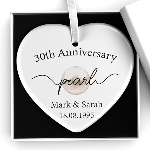 Beecreative 30th Pearl Anniversary Gifts For Husband, Wife, Parents Personalised - 30 Years Anniversary - Pearl Wedding Anniversary Keepsake - Ceramic Ornament With Gift Box