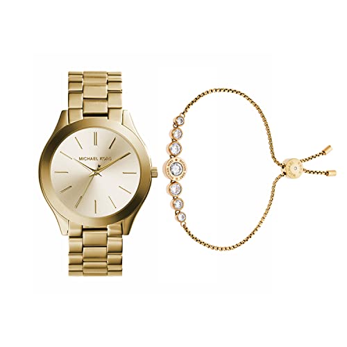 Michael Kors Women's Slim Runway Three-Hand Stainless Steel Quartz Watch Blush Rush Gold-Tone Bead Bangle Bracelet #TOP25