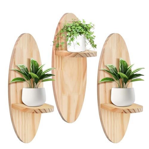 Focenat Juego de 3 Estanterías Flotantes Ovaladas de Madera para Pared, Estante Colgante Decorativo para Plantas Pequeñas, Flores y Decoración, Baldas de Madera para Salón, Dormitorio y Entrada