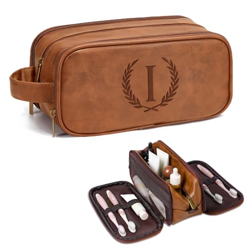 Travel Toiletry Bag For Mens PU Leather Engraved Initials (Yellow Brown I)