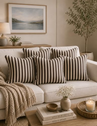 Image of 100% Cotton - Dark Brown Stripes Cushion Covers Set of 5 (16 x 16 inches) - Cushion Covers for Sofa & Living Room Decor