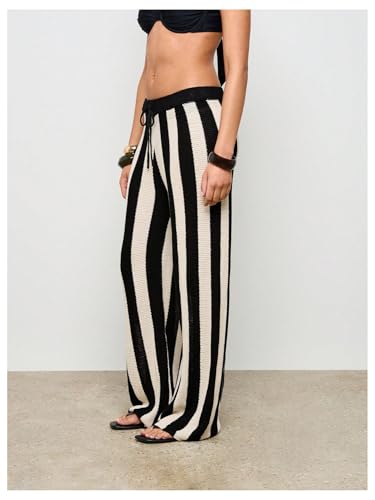 Verdusa Women's Crochet Knit Wide Leg Pants Comfy Striped Casual Long Trousers3