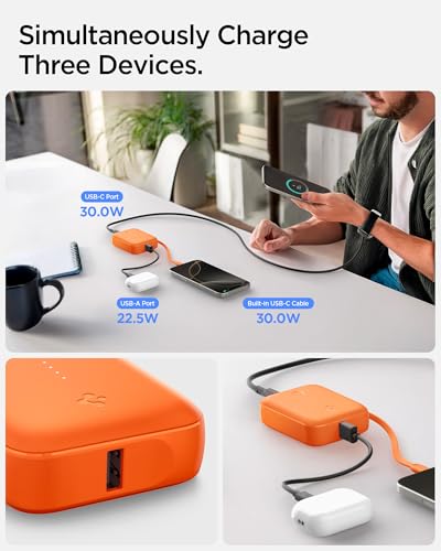Image of Spigen ArcPack 10000mAh Power Bank with Built-in USB-C Cable,30.0W Fast Charging, 1 Type-C Cable, 1 Type-C Port, 1 USB-A Port - (ABS + PC | Spigen Orange)