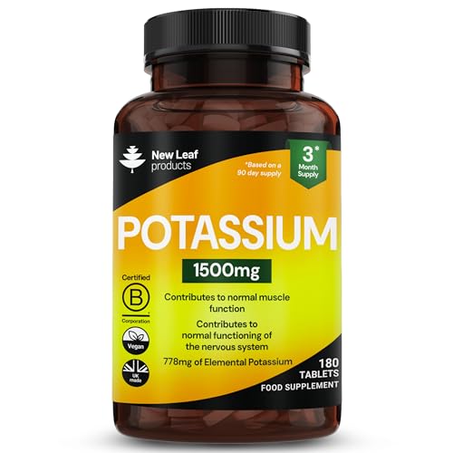 Potassium Supplements 1500mg High Strength - 180 Vegan Potassium Mineral Electrolytes Supplement - Contributes to Normal Muscle Function Nervous System - Non-GMO Made in UK by New Leaf