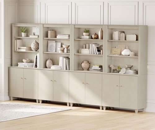 Image of WAMPAT Beige Wood Bookcases with Storage Cabinets, 4 Column Modern 5-Tier 71 inch Tall Bookshelves with Adjustable Shelf, Wide Wooden Display Bookshelf for Home Office, Living Room, Bedroom
