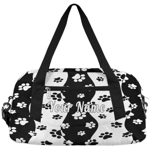 Personalized Kids Duffel Bag White Puppy Dog Paw Print,Custom Sport Gym Bag for Boys Girls,WWeekender Overnight Bags Travel Duffel Bag,Customized Kids Gift