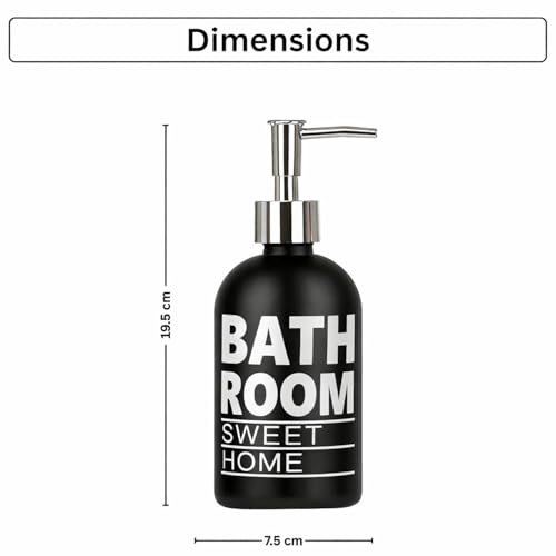 Image of Luxe Home International Bathroom Sweet Home Print Glass Soap Dispenser for Bathroom and Kitchen Sink Leak Proof Liquid Hand Wash Round Bottle Lightweight Smooth Finish (19.5x7.5 cm Black) Pack of 1