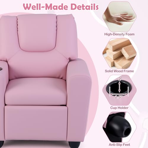 Image of Kids Recliner, Toddler Lounge Chair w /Cup Holder, Wide Armrest, Kids Sofa w /Adjustable Footrest, Comfy Toddler Recliner Chair for for Boys & Girls 3 + (PU, Pink)