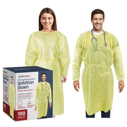 100 Pack Disposable Isolation Gowns - Yellow Level 2 SMS Non-Woven Material - PPE Gowns Disposable for Dental, Medical Use, Fluid-Resistant and Latex-Free Gowns, Universal Size