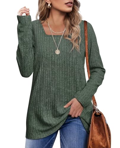 WIHOLL Suéteres para mujer, cuello cuadrado, manga larga, básico, ligero, túnica, verde, XL
