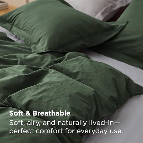 Image of Bedsure 100% Washed Cotton Duvet Cover Full Size - Olive Green Minimalist Bedding Set Linen Like - PureWoven Plain Simple & Soft Comforter Cover for All Seasons (Olive Green, Full, 80 inchx90 inch)